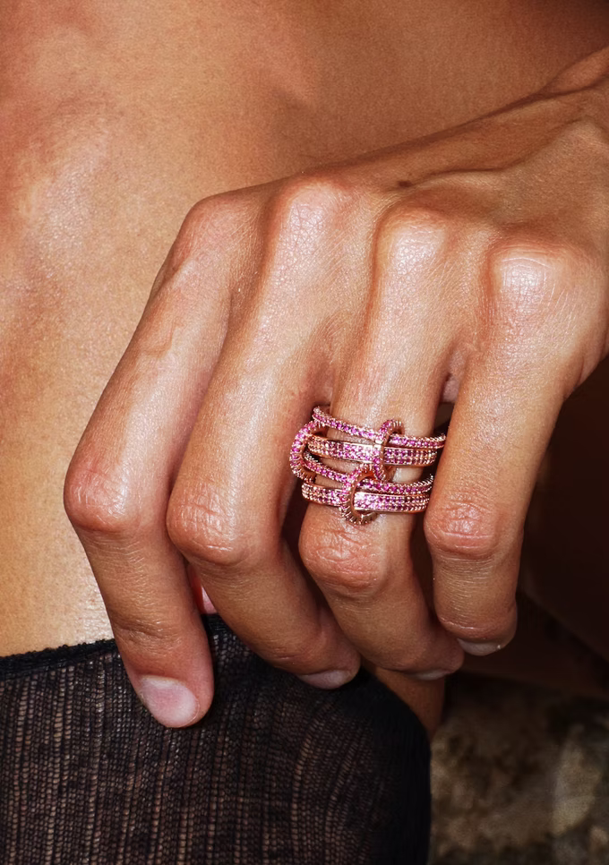 Snake stacked ring set / Pink zircon & Pink gold